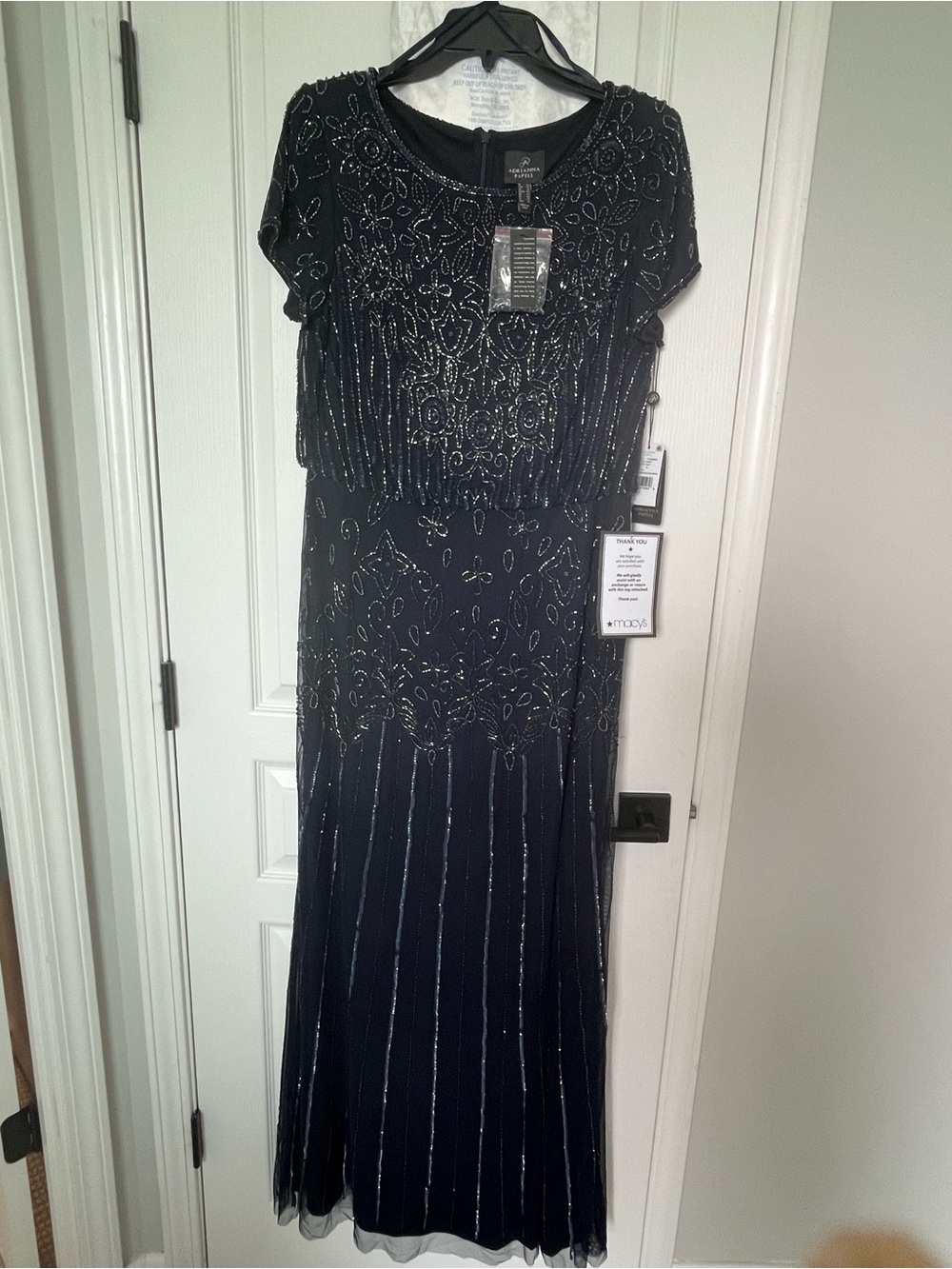 Macy's Deep Navy Beaded Fringe Evening Dress